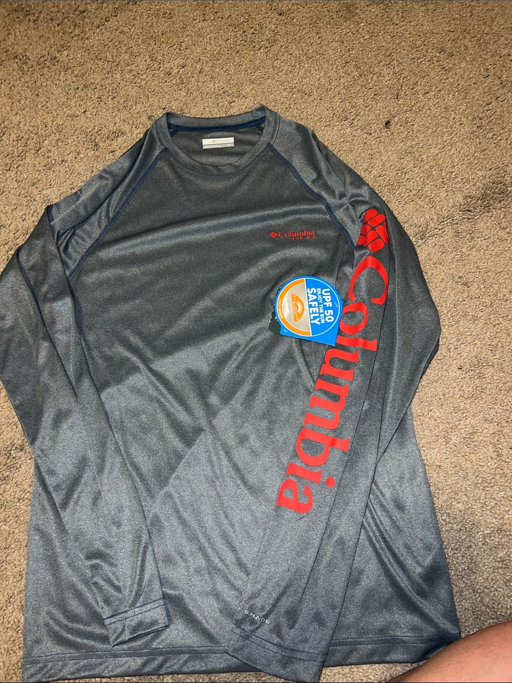 Columbia Gray Long Sleeve Performance Shirt with Red Sleeve Logo
